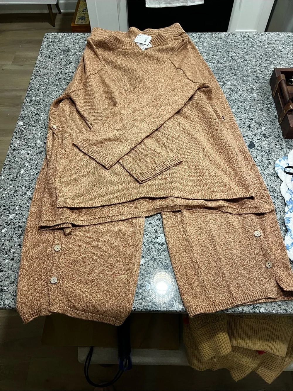 Free People Cozy 100% Cotton 2 Piece suit  Button-Detail Sweater Set in Camel